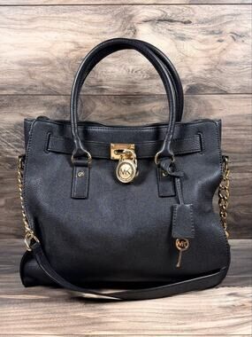 Michael Kors Hamilton Large East West Tote Black Pebbled Leather Gold